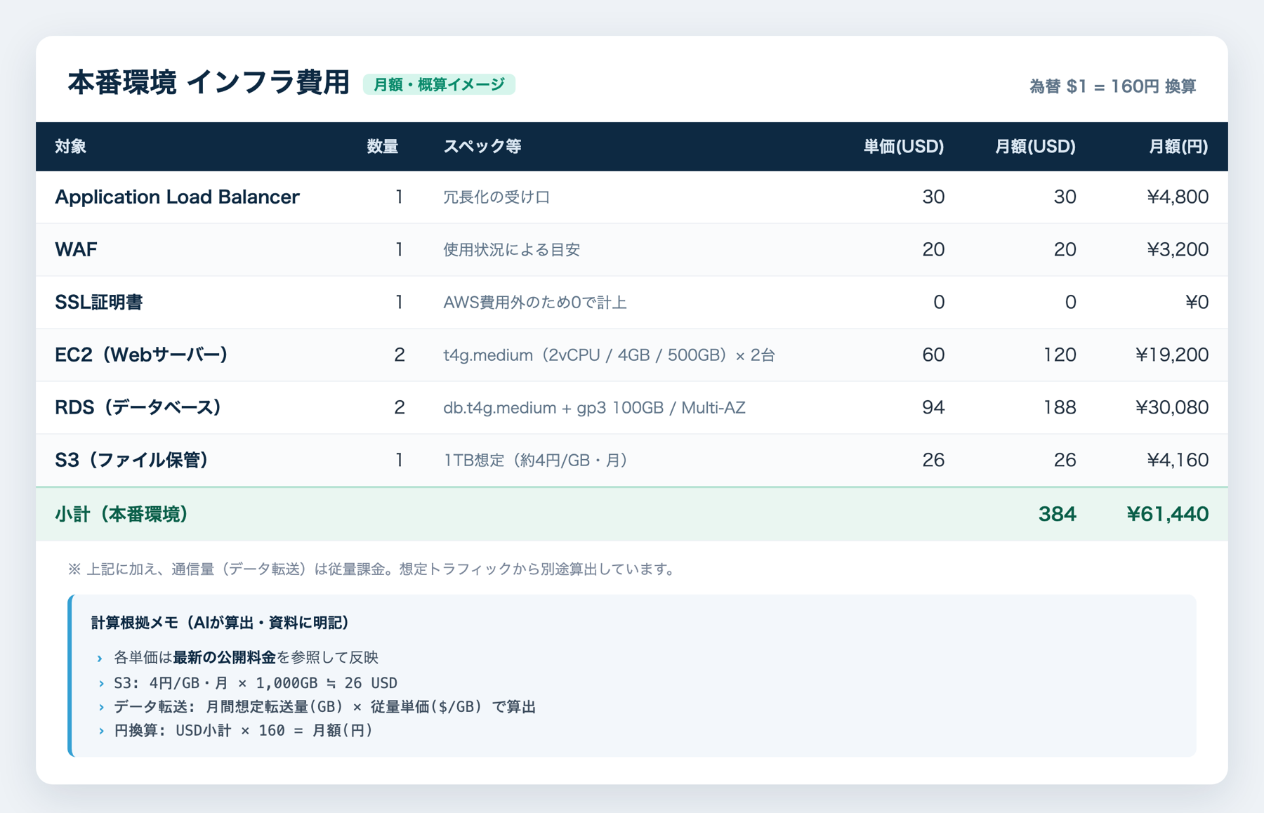 スペックと概算コストの一覧表（イメージ）